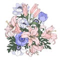 Pink lilies and blue anemones, flower bouquet Royalty Free Stock Photo